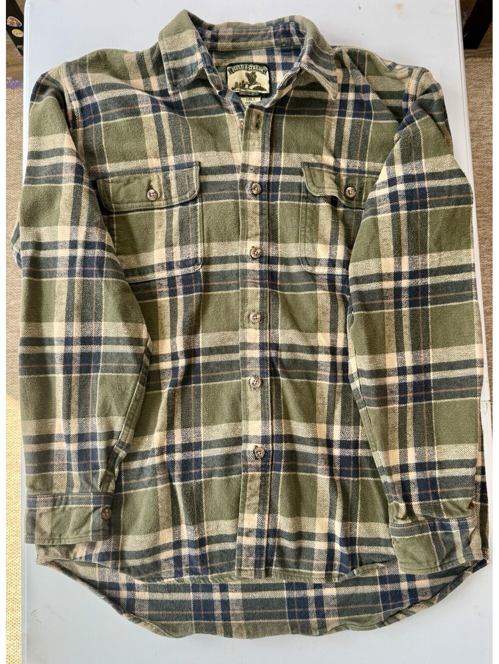 Field & Stream Flannel Overshirt Long Sleeve Button Up | Green | Size L-Tall